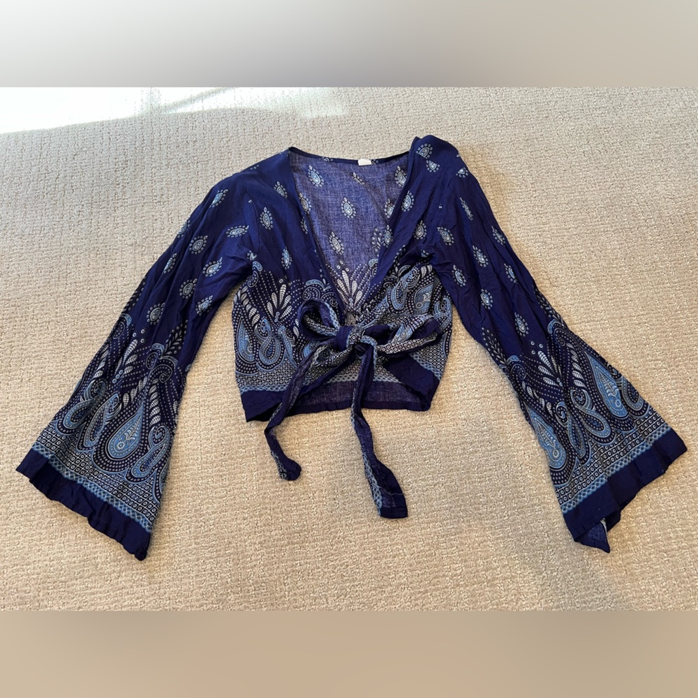Navy Blue Paisley Tie-Front Cardigan